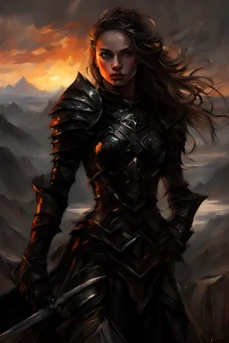 A formidable warrior girl in black armor, on the background Amazing gloomy landscape, flooded with sunset, mountains, trees, fabulous scary hero, , juicy emotions, painting, dark fantasy, gloomy day, dark world, portrait, by James Paick & Anna Razumovskaya