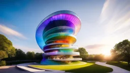 A striking tower built around a central spiral shape, with a helix staircase wrapping around the outside of the building. The walls are made of a translucent material that reflects sunlight in rainbow hues, and each floor gradually spirals upward, creating a dynamic and captivating form. The landscape below is sculpted to echo the swirling design. Photograph