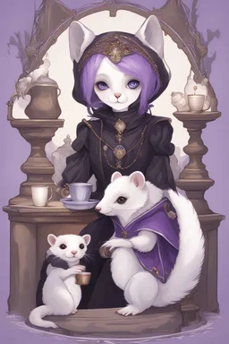 (anthropomorphic white ferret girl),dressed in cleric black and purple clothes with silver holy ornaments, realistic anatomy, fantasy tavern on background, mage and holy symbols around, serious face, hold cup of coffe, tired