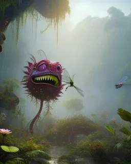 large venus fly trap with teeth eating a dragonfly, flowers, jungle, hyperrealistic, trees in background, digital art, alien like, disgusting, intricate, morbid, rainy, sinister, volumetric lighting, unreal engine, high resolution, 8k, depressing colors, dark colors,