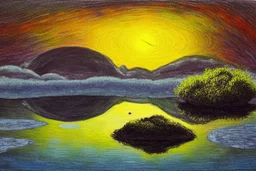 Alien landscape with one grey exoplanet in the horizon, pond, water reflection, rocky landscape, sci-fi, tendency to impressionism, realistic painting