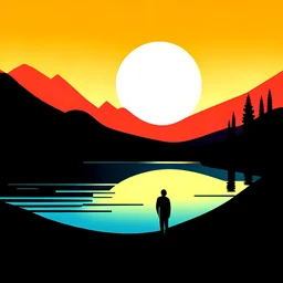 Vector graphics of a minimalistic landscape in Max Ernststyle, figures, strong colors