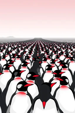 "A conceptual black-and- white Red digital illustration of a massive penguins walking in the same direction, toward the ocean heads down, symbolizing conformity. The atmosphere feels lifeless and repetitive, emphasizing the ordinary mindset of the majority."