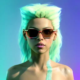 Shakira, artist, 30 years old, Realistic image, waist up portrait, etro style dress, oversize. Gucci sunglasses. Blonde, loose long hair, eyes make up, perfect, glow, circle iris. Neon colors, leds, geometric. Cyberpunk. concept art, smooth, unreal engine 5, god lights, ray tracing, RTX, lumen lighting, ultra detail, volumetric lighting, 3d, finely drawn, high definition, 4k.