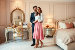 very beautiful lady with beautiful midi skirt and blouse standing next to her couple in a luxury bedroom with high heels next to makeup desk looking to camera