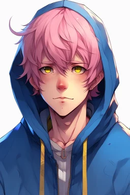 An anime man with messy short pink hair and narrow gold eyes wearing a blue hooded jacket Realistic.