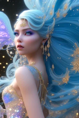 woman glitter blue fairy in a galactic ambiance, long blue hair, detailed gorgeous smile, delicate colors in the foreground, full of details, smooth, light effect，vaporwave colorful, smooth, extremely sharp detail, finely tuned detail, ultra high definition, 8 k, unreal engine 5, ultra sharpBeautyful smiling young woman, long hair amazing blue eyes, flowers, happy cosmic, bright colors, blue, pink, gold, jewels, realistic, photo real, clear sunny background, highly detailed, high contrast, 8k 