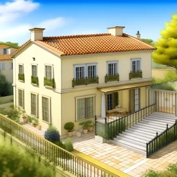 make a slides for about my dream house as homework for a 7th grader. The house will be in the Provence style, with a courtyard. 2 floors. America, an ordinary city, the presentation is not large, with little text, neat, and beautiful. 5 slides. realism. colored house Mainly in white and black colors.
