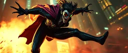 vampire cyberpunk action scene, acrobatic dodge, cape harlekin, spider venom, sun glasses, sinner