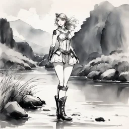 [traditional Chinese brush, expressive line, ink washes] Barbarella in boots standing close to a river