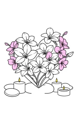 outline art for visually rich appealing heart in orchids plumeria rounded stones candles, ikebana style, coloring page for kids, white background, fit to page, only use outline, clean line art, no shadows, clear and well outlined