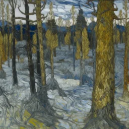 A gray montane forest covered in frost painted by Vincent van Gogh