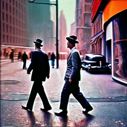 Picture 1950's street life, people, New York, very blurry, abstractism, colours, strong texture, 3d