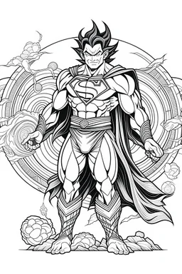 outline art An evolved Superman.Goku cinematic lighting, high resolution 3D render art coloring pages with witch, white background, Sketch style, full body, use outline, Mandala style, clean line art, white background, no shadows and clear and well