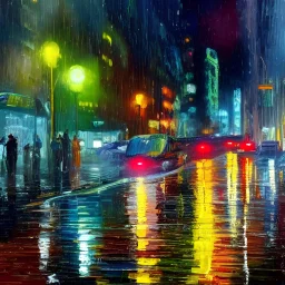 An impressionist oil painting, futuristic new york city 2050 in rain , many cars, street light, few yellow cabs, cyclist, water, broken colors, shops, drones, motor-cycles, complementary colors,super detailed, oil painting, heavy strokes, paint dripping, painted, intricate, volumetric lighting, beautiful, rich deep colors masterpiece, sharp focus, ultra detailed, in the style of dan mumford and marc simonetti, astrophotography.