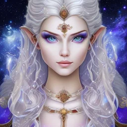 cosmic mage, elf, female, battle mage, epic, cosmic magic, long ears, white hair, face details, pale skin, jewellery, broad shoulders, sharp ears, cosmic clothes, cosmic eyes, ears shown, light out of eyes, the cosmos in eyes, stars in eyes, shining eyes, non human face, thin face, animation, detailed ears, magical eyes, non realistic, closed mouth, bigger make up