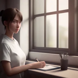 female student studying by the window, anime style,perfect face, cool face, ultra detail, unreal engine 5, cinema4d, sun light, studio lighting --ar 1:1 --v 4