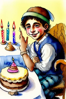 A cute smiling jewish boy wearing a kippah is sitting at a table, together with a lion and a birthday cake. Watercolour