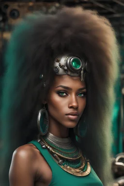 egypt mechanic girl with long afro hair and emerald eyes