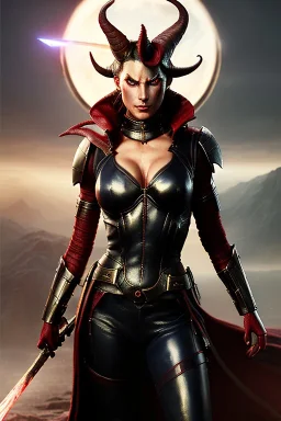 Female Tiefling warrior, demon horns, demon tail, ominous, facepaint, waist up portrait, intricate, oil on canvas, masterpiece, expert, insanely detailed, 4k resolution, retroanime style, cute big circular reflective eyes, cinematic smooth, intricate detail , soft smooth lighting, soft pastel colors, painted Renaissance style