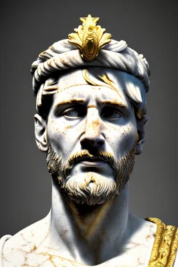 Realistic image, Roman sculpture made in white marble with gold veins, Lionel messi with gold laurel leaves crown, two blue brushes, decorative star on the chest, waist up portrait, marble material, gold ornaments, Baroque style, sun rays background, epic, celestial, cinematic lighting, God lights, 4k resolution, smooth details, soft lighting, unreal engine 5, art station, substance 3d.