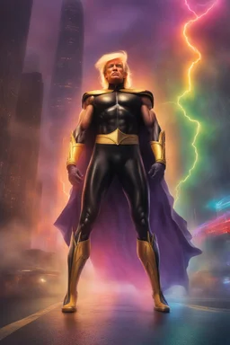 Extremely Muscular, Donald Trump as 'Maga Man,' the greatest superhero in history, Extremely Muscular, overly exaggerated muscles, Skintight, formfitting bodysuit, cape, boots, Multicolored vortex, multicolored lightning, neon lit futuristic cityscape, mist, fog, speed, extremely overexaggerated musculature, "MAGA MAN"