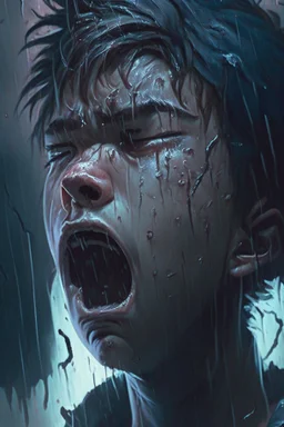 A distressed young lad is weeping and howling in utter agony as torrents of rain pour down and thunder resounds with electric intensity amidst an ominously stormy night, Distressed, Dark, Highly detailed, thunderous, ominous, stormy, Sharp focus, Emotional, art by loish and ross tran and sam yang, trending on artstation hq.