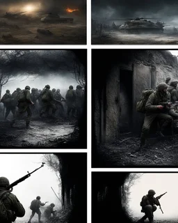 Masterpiece1:5)(Fineart), (award-winning:1.5), highest quality, (ultra realism:1.5) war journalism(,(by Tim Page and Hoorst Faas:1.5)),(Eastern Ukraine:(panel one:the moment after a battle ends, horrors of war, wounded men),(2nd panel, cinematic shot of men sitting in trench with 1000 yard stare (focus on their eyes:1.5)),(the third panel shows troops tired but hyper alert), (the fourth panel shows the sky is filled with incessant, fire and smoke everywhere,)