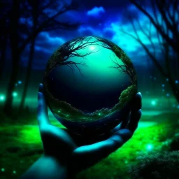 promise the world, dark green and blue colors, fantasy atmosphere, photo quality