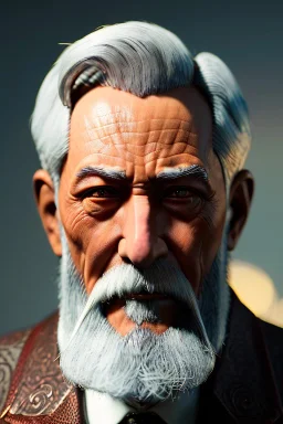 Old man Cyborg anime warrior, grey hair, trimmed grey beard,brown eyes, waist up portrait, 8k resolution, intricate details, ornate details, soft lighting, vibrant colors, retroanime, futuristic cityscape background