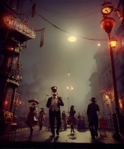 steampunk cabaret scene. old man. little monkey, Sunglasses, rain, smoking, happy, hot. Many people background, highly detailed, concept art, unreal engine 5, god rays, ray tracing, RTX, lumen lighting, ultra detail, volumetric lighting, 3d, finely drawn, high definition, high resolution.