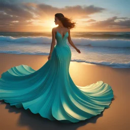 Create a 3D hyper-realistic model based on the previously enhanced digital artwork of seafoam waves forming the silhouette of a lady in a swirling dress on the beach at sunset. The model should capture the intricate details of the waves and dress, focusing on realistic textures and light play to enhance the surreal and artistic quality of the scene, close-up, high details, sharp image, vivid colors and detailed graphics, UHD, 18K