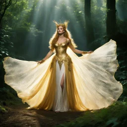 [high res photo by Monty Python] Titania from Shakespeare's A Midsummer Night's Dream. Graceful and ethereal, with long flowing hair that seems to shimmer like spun gold. She adorns herself in gowns that sparkle like starlight or textures reminiscent of delicate leaves. Radiating majesty and otherworldly beauty, Titania steps into the arena of the forest clearing as a gladiatrix. The air around her seems to hum with magic and mystery as she prepares to showcase her strength and prowess in this e