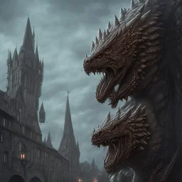 Realistic Dragon Bear in a medieval city, dark themed, Photorealism, cinematic