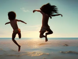 children jumping in water on the Indian beach capture them against the sun and make an art silhouette, hyper details, real sharp, 8k, well detailed, well shaped