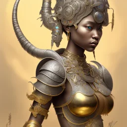 Sango fantasy, fantasy magic, intricate, sharp focus, illustration, highly detailed, digital painting, concept art, matte, art germ and Paul Lewin and Kehinde Wiley, masterpiece silver elephant head bronze Buddha Asian African girl nice breast Hawaiian hair turquoise golden waves