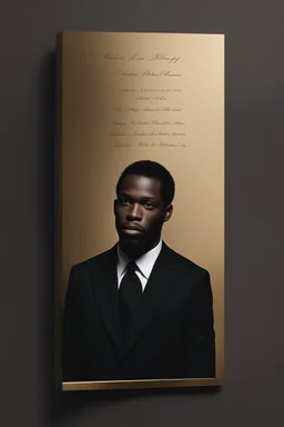 An extremely formal, funeral program for a black man on darkest bronze deeply pigmented velvet paper with brilliant, brightest heavy golden fonts, simple, minimalistic, less element, very dramatic lighting