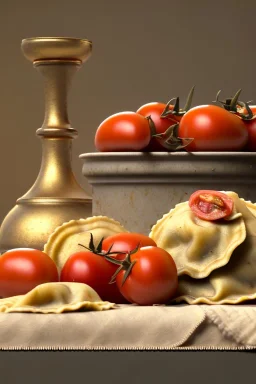 renaissance style still life composite, Raviolis with natural tomato, albahaca, olives, olive oil. moisture, art, natural, ornaments, marble, gold, high kitchen, smooth, gradient color background, unreal engine 5, ray tracing, RTX, lumen lighting, ultra detail, volumetric lighting, 3d.