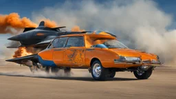 A national geographic award winning photograph of a military fighter jet station wagon wasp hybrid designed by volkswagen only one vehicle per image painted metallic orange traveling at a high rate of speed, jet intake off of front center of vehicle and jet exhaust out the rear with bright blue flame, bilaterally symetrical