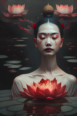 whole body,religion,lotus pond,fly,elegant,whole body,stand up,bun hair,elegant,close eyes,red mole on forehead,high saturation,portrait,Taiwan god,halo behind the head,lotus on the hand,aperture,kindly,magic