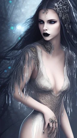 Full body and headshot of a young gothic woman dressed in clothing dripping like liquid, with no hat, with a multiverse background