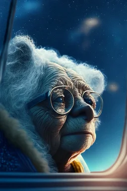 grandma koala, with background star field seen in the window of a boat, 4 k, trending art, depth of field, in the style of gorillaz