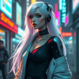 a cyberpunk woman in streetwear, elegant and ethereal, pale hair, secretly robotic, digital art