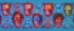 multiple glass human skulls, high temperature, glowing blue on the bottom, glowing red on the top, large blue red and orange flame coming from under and behind hovering in high in the sky, contrasting colors precisionism psychedelic art surrealism street art digital illustration wet wash 64 megapixels 8K resolution 8K resolution telephoto lens telephoto sharp focus Unreal Engine 5 VRay radiant retro futuristic galactic