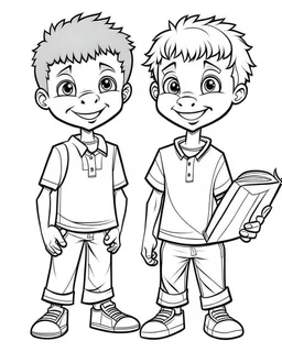 black American two young boys study kids coloring pages, white face no black color, full white, kids style, white background, whole body, Sketch style, full body (((((white background))))), only use the outline., cartoon style, line art, coloring book, clean line art, white background, Sketch style