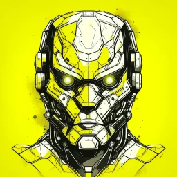 monotone robot face, sci fi, low details, polygonal, black ink, yellow plain background