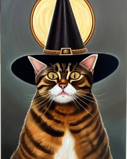 painting of a cat wearing a witch hat sitting in an occult circle, fantasy, sigils, runes, high def, high detail, very high detail, center