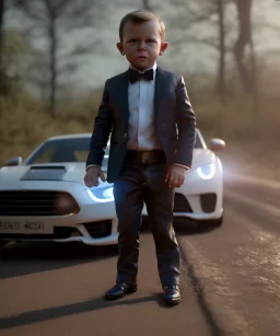 James bond toddler, full body, gun, car, dramatic lighting, hyper realistic