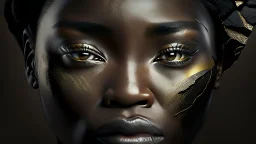 a beautiful black woman face made of kintsugi seam, photo realistic, 16K