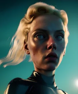 retro sci-fi portrait image from 1990, supermarket parking explosion, fire, scared people, blonde woman walking, young Scarlett Johansson face, tight latex suit, soft color, highly detailed, unreal engine 5, ray tracing, RTX, lumen lighting, ultra detail, volumetric lighting, 3d, finely drawn, high definition, high resolution.